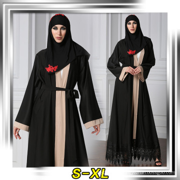 Premium polyester women fancy dress muslim kimono front lace muslim turkish abaya